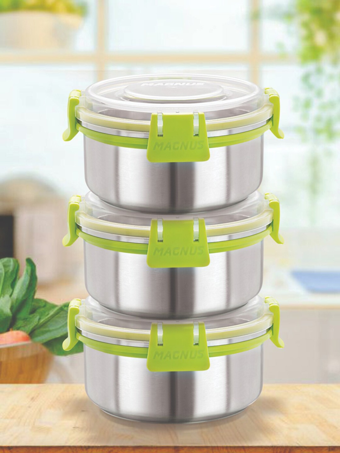 

MAGNUS Green & Silver-Toned 3 Pieces Stainless Steel Airtight & Leakproof Lunch Boxes