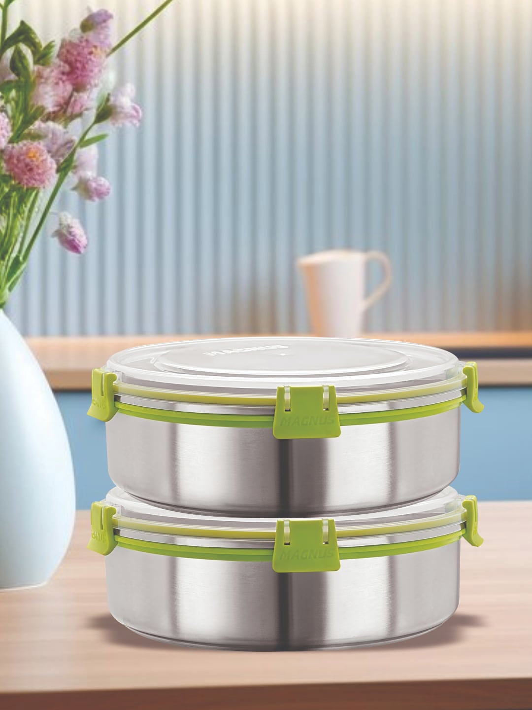 

MAGNUS Green & Silver-Toned 2 Pieces Stainless Steel Airtight & Leakproof Lunch Boxes