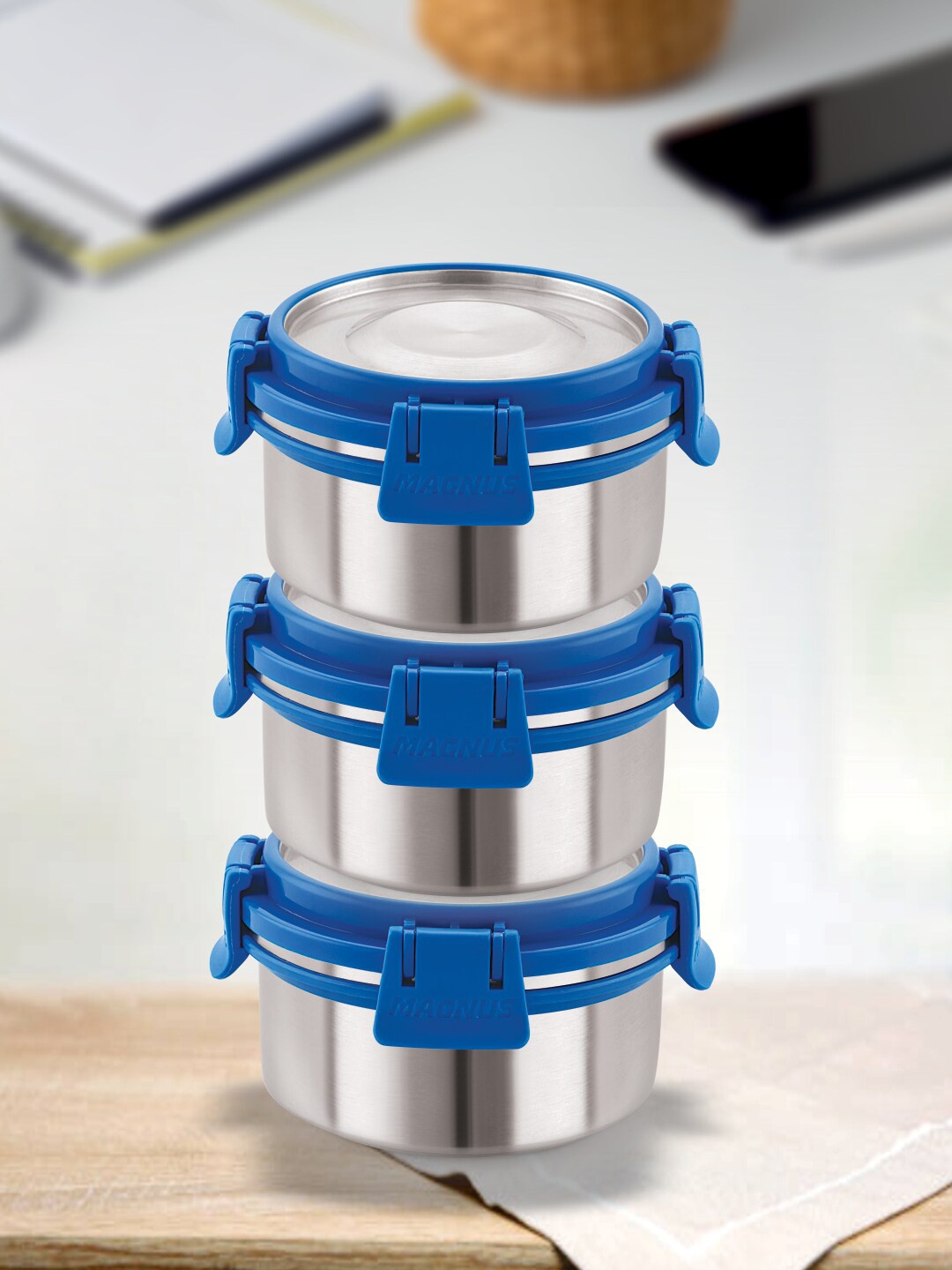 

MAGNUS Blue & Silver-Toned 3 Pieces Stainless Steel Lunch Boxes