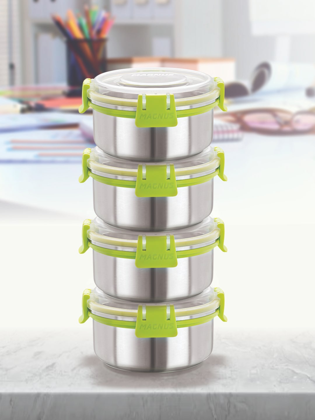 

MAGNUS Green & Silver-Toned 4 Pieces Stainless Steel Airtight & Leakproof Lunch Boxes