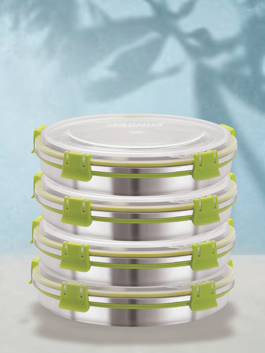 

MAGNUS Green & Silver-Toned 4 Pieces Stainless Steel Airtight & Leakproof Lunch Boxes