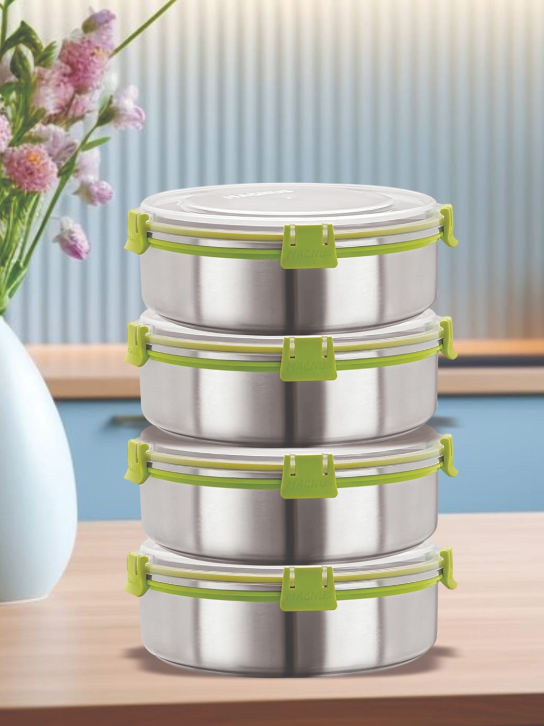 

MAGNUS Green & Silver-Toned 4 Pieces Stainless Steel Airtight & Leakproof Lunch Boxes