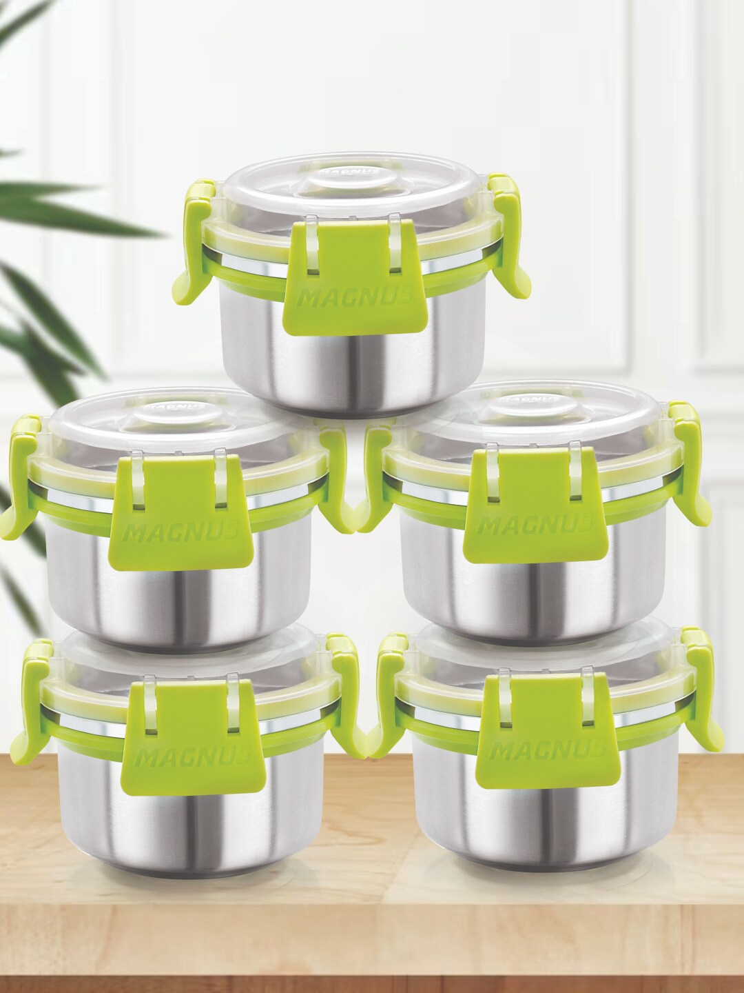 

MAGNUS Green & Silver-Toned 5 Pieces Stainless Steel Airtight & Leakproof Lunch Boxes