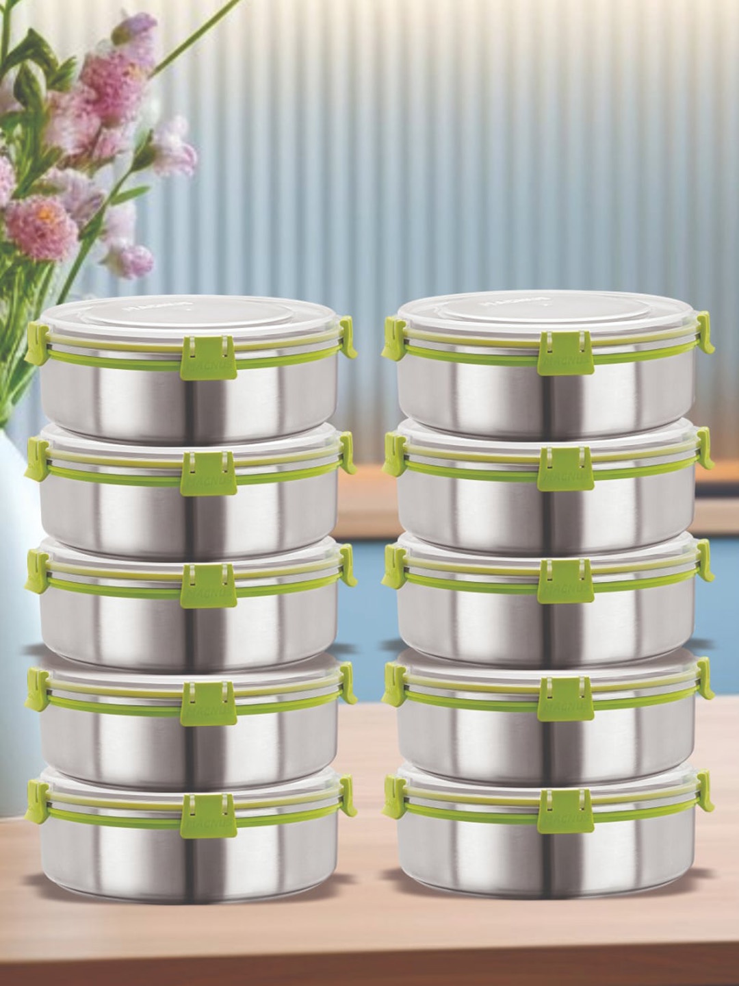 

MAGNUS Green & Silver-Toned 10 Pieces Stainless Steel Airtight & Leakproof Lunch Boxes