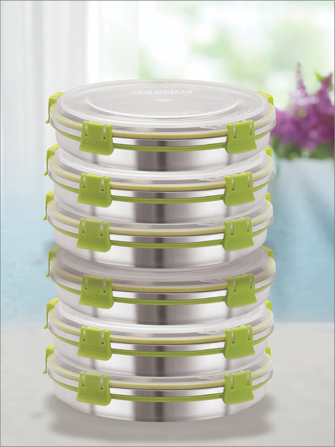 

MAGNUS Green & Silver-Toned 6 Pieces Stainless Steel Airtight & Leakproof Lunch Boxes