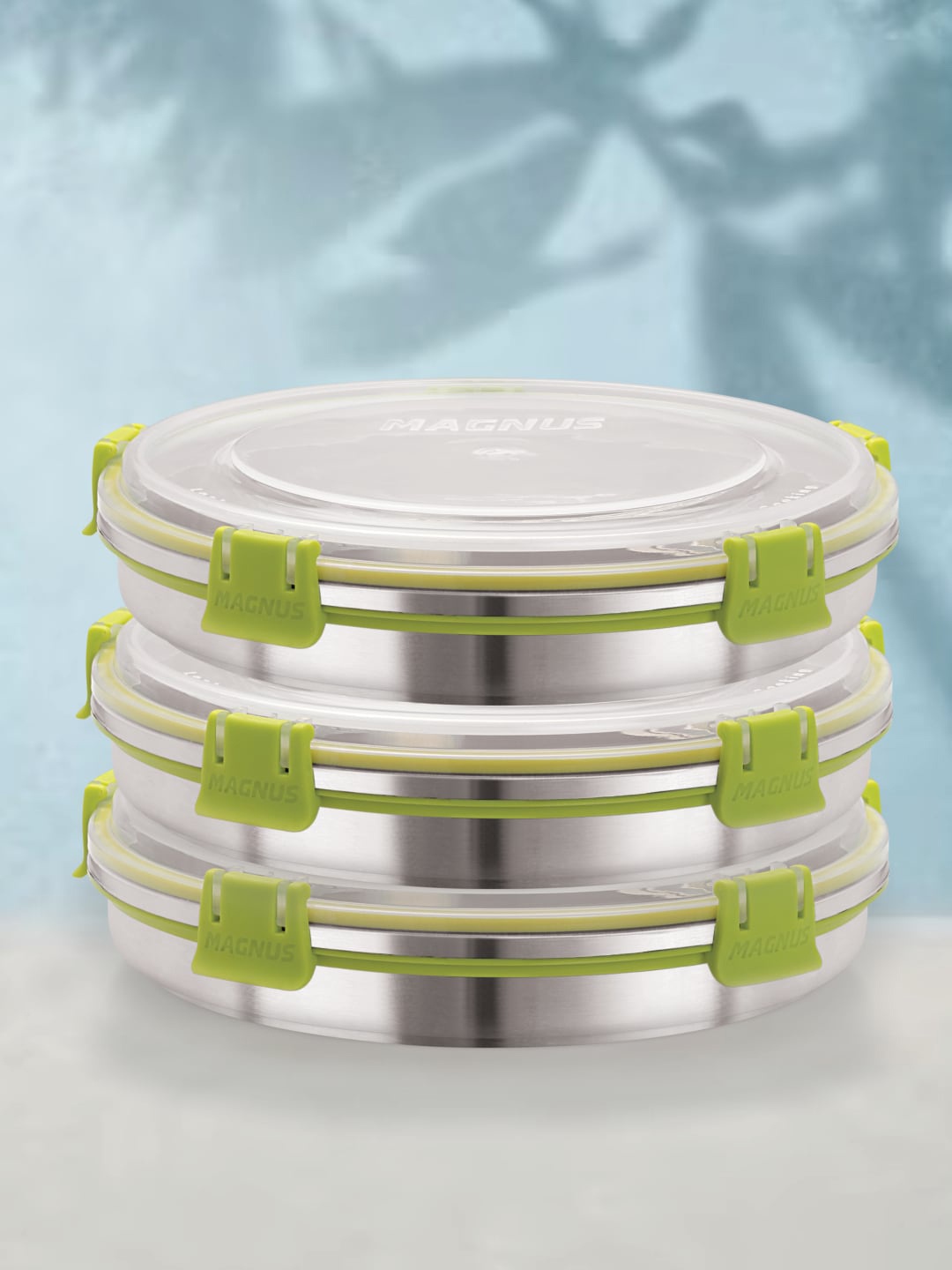 

MAGNUS Green & Silver-Toned 3 Pieces Stainless Steel Airtight & Leakproof Lunch Boxes