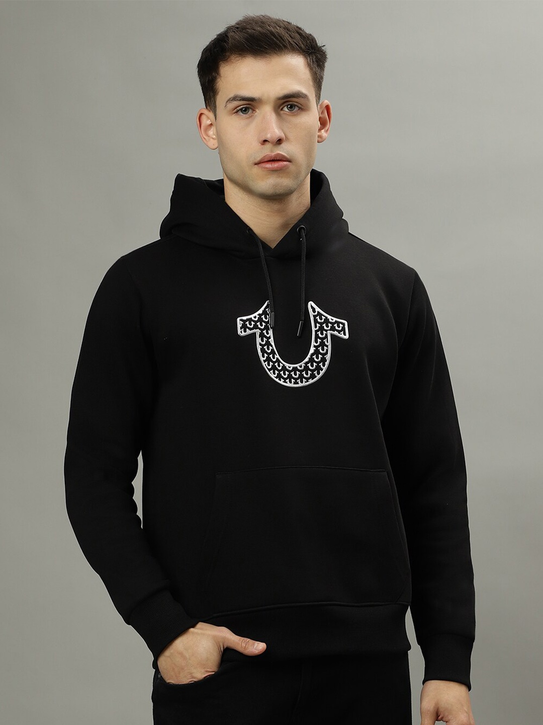 

True Religion Graphic Printed Hooded Cotton Pullover Sweatshirt, Black