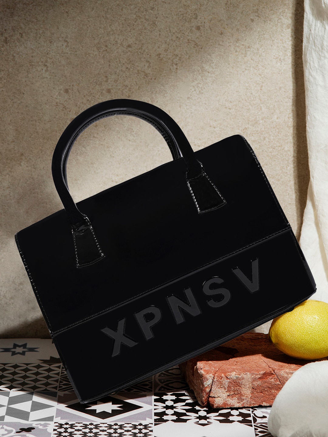 

XPNSV Typography Textured Structured Handheld Bag, Black