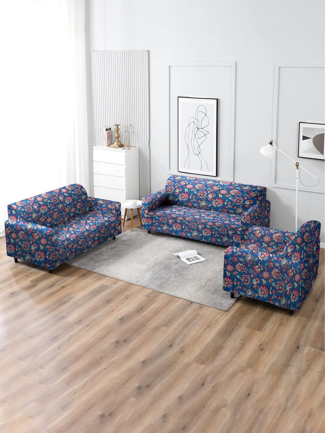 

MULTITEX Navy Blue & Red Floral 5 Seater Sofa Covers