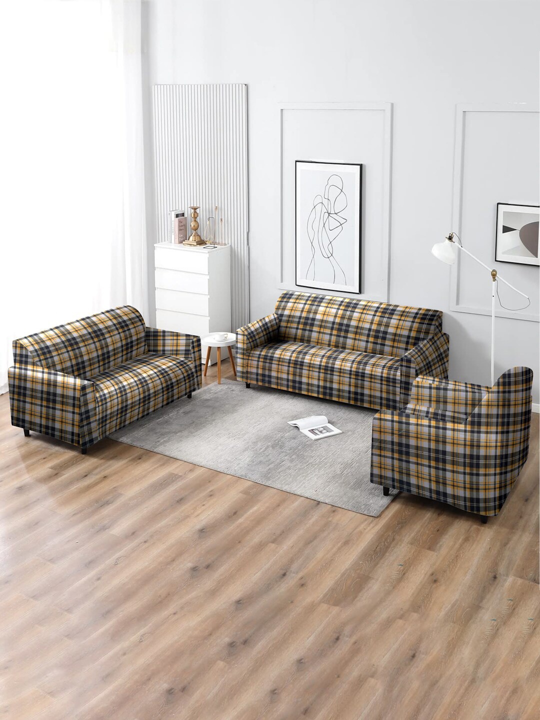

MULTITEX Yellow & Black Checked 5 Seater Sofa Covers