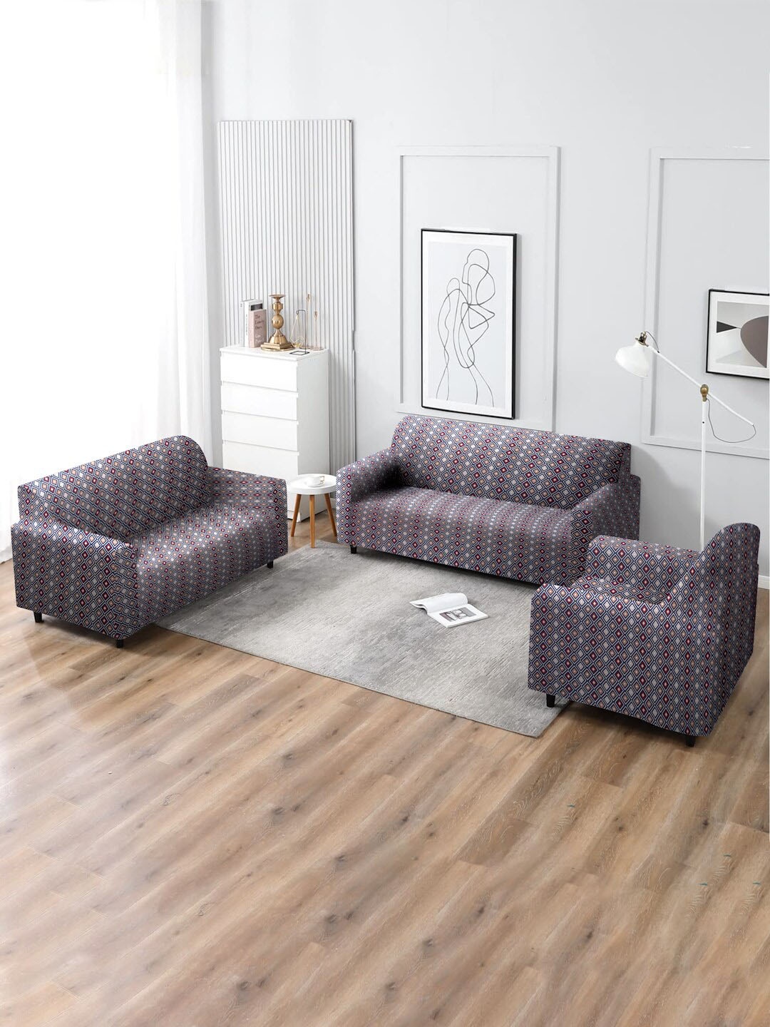 

MULTITEX Blue & Off White Geometric 5 Seater Sofa Covers