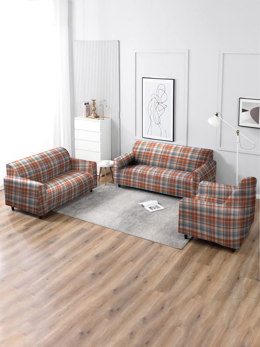

MULTITEX Rust & Blue Checked 5 Seater Sofa Covers