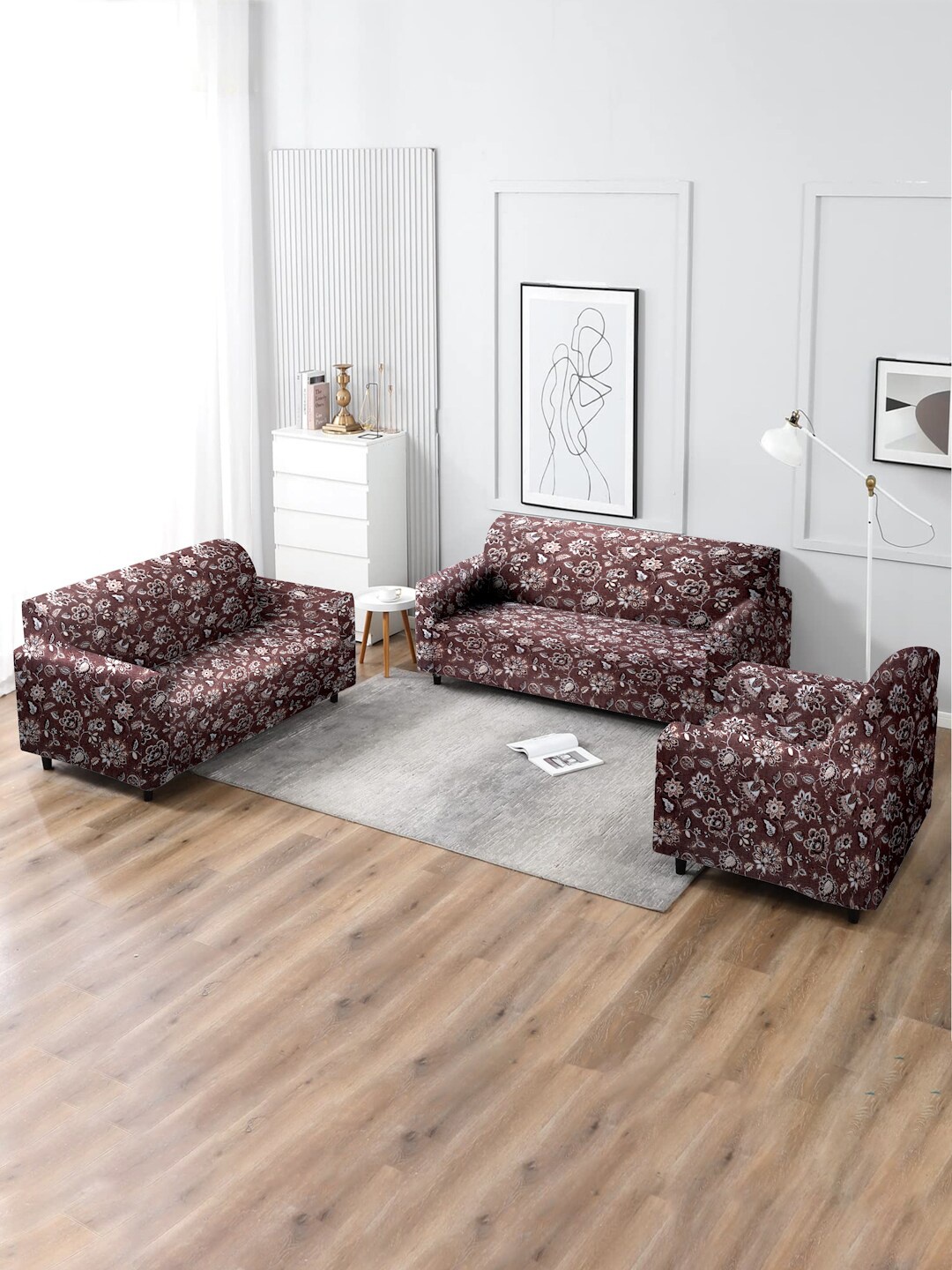 

MULTITEX Brown & White Floral Sofa 5 Seater Covers