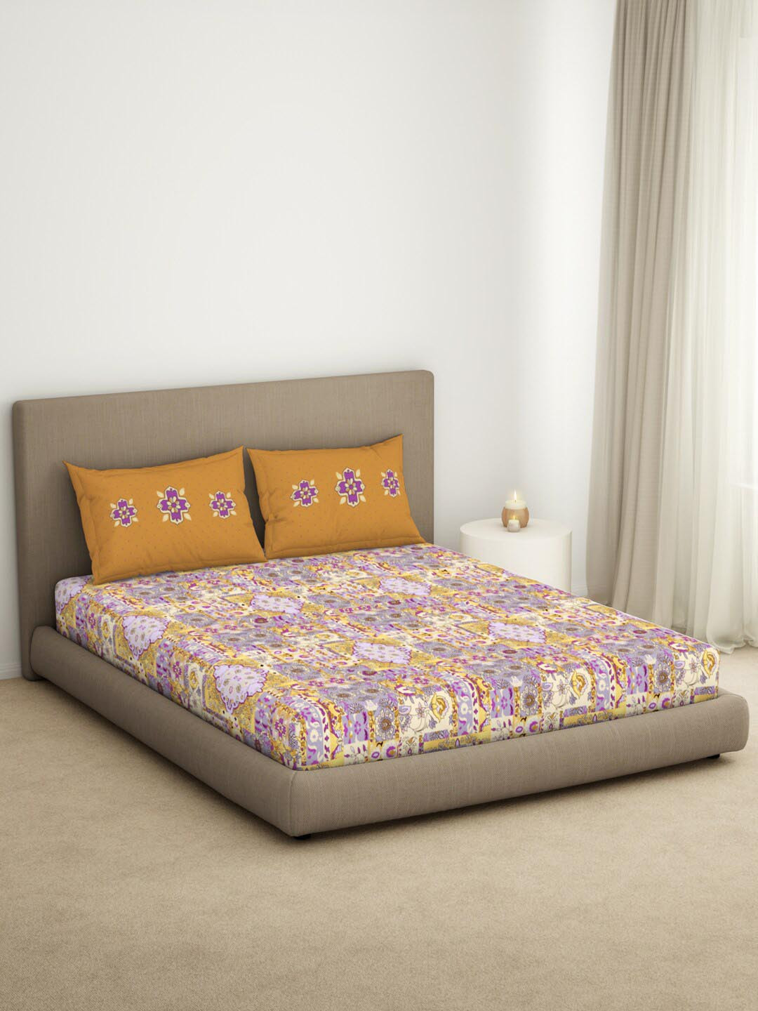

SPACES Timeless Yellow Floral Cotton 144 TC King Fitted Bedsheet with 2 Pillow Covers
