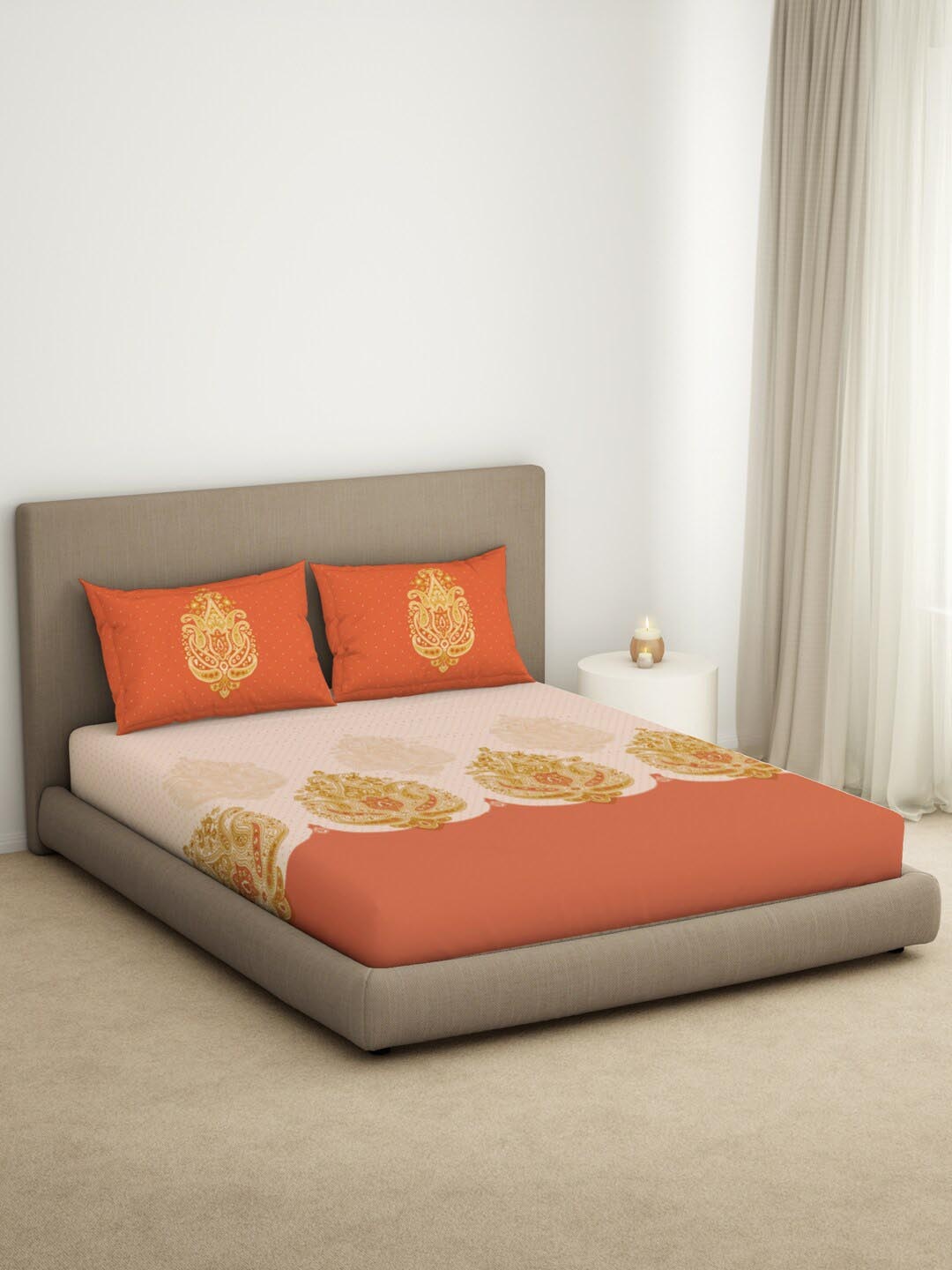 

SPACES Timeless Orange Floral Cotton144 TC King Bedsheet with 2 Pillow Covers