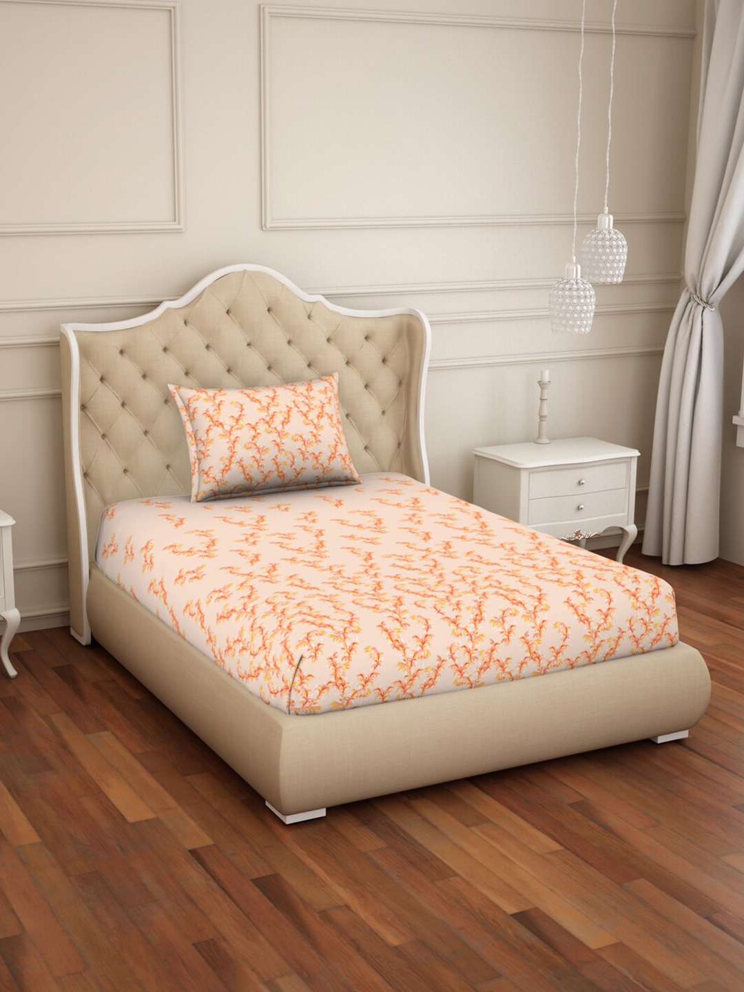

SPACES Adonia Orange Floral Cotton 144 TC Single Bedsheet with 1 Pillow Covers