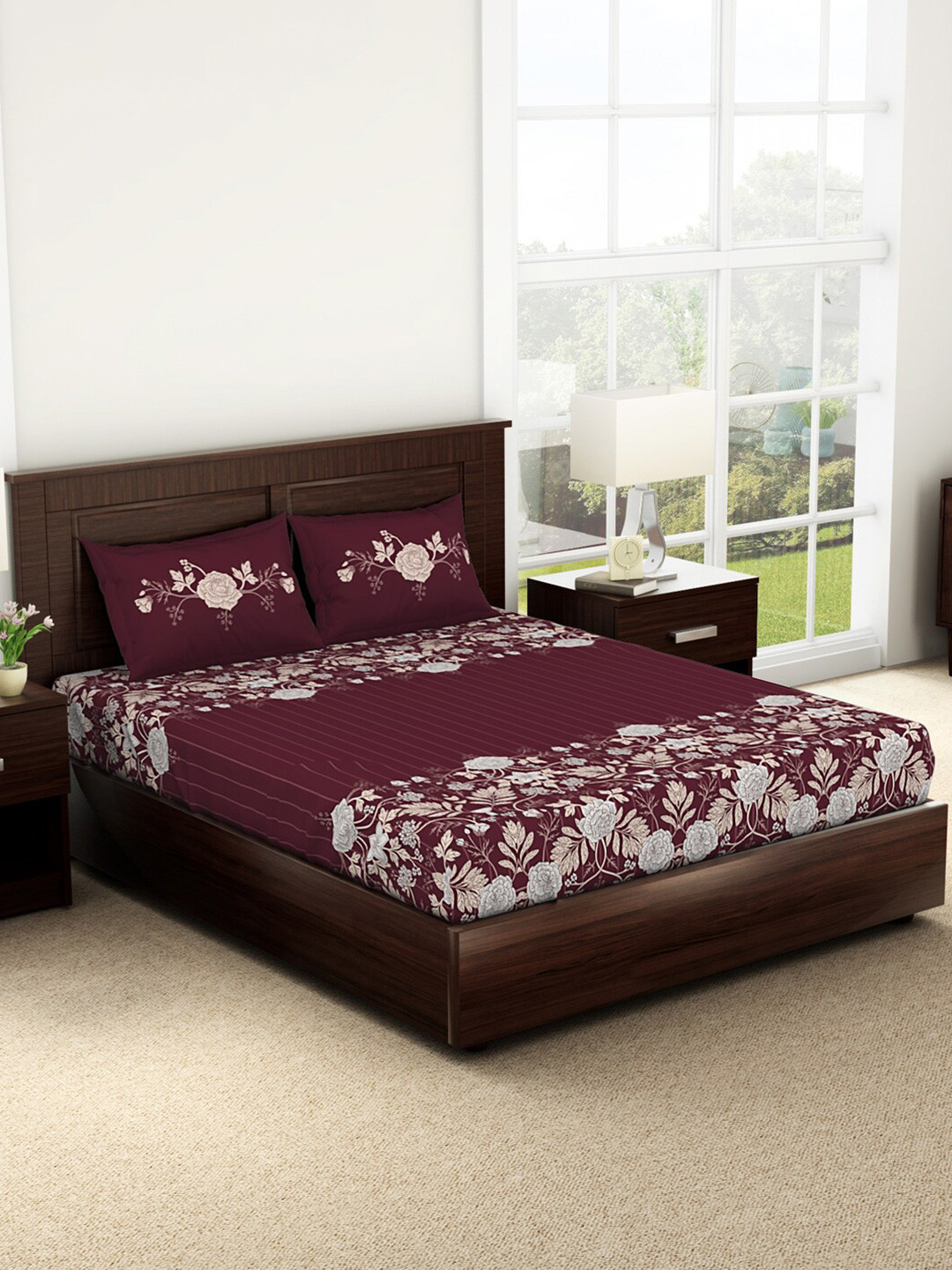 

SPACES Evoke Red Floral Cotton 144 TC King Fitted Bedsheet with 2 Pillow Covers