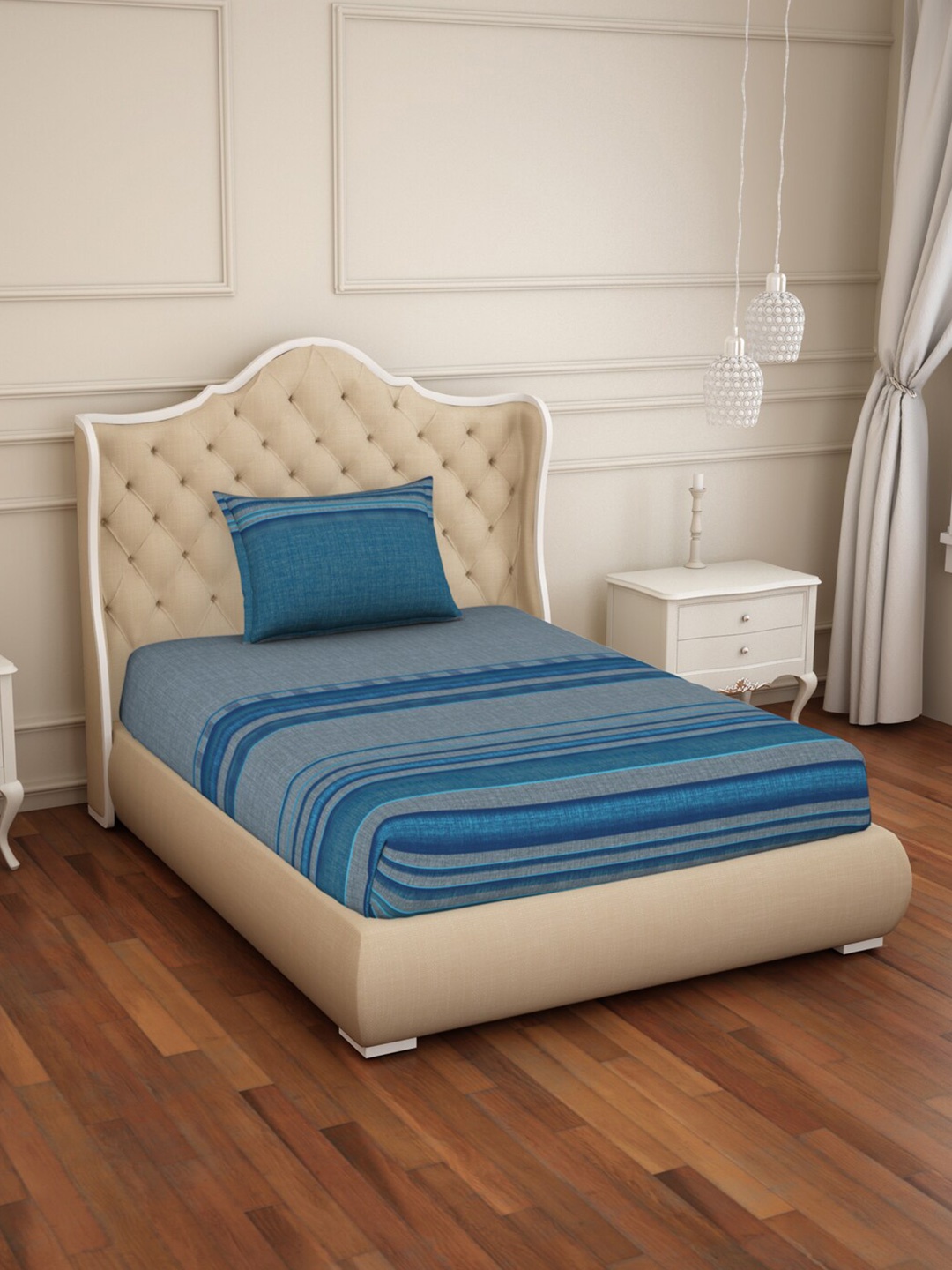 

SPACES Blue Geometric 144 TC Single Bedsheet with 1 Pillow Covers