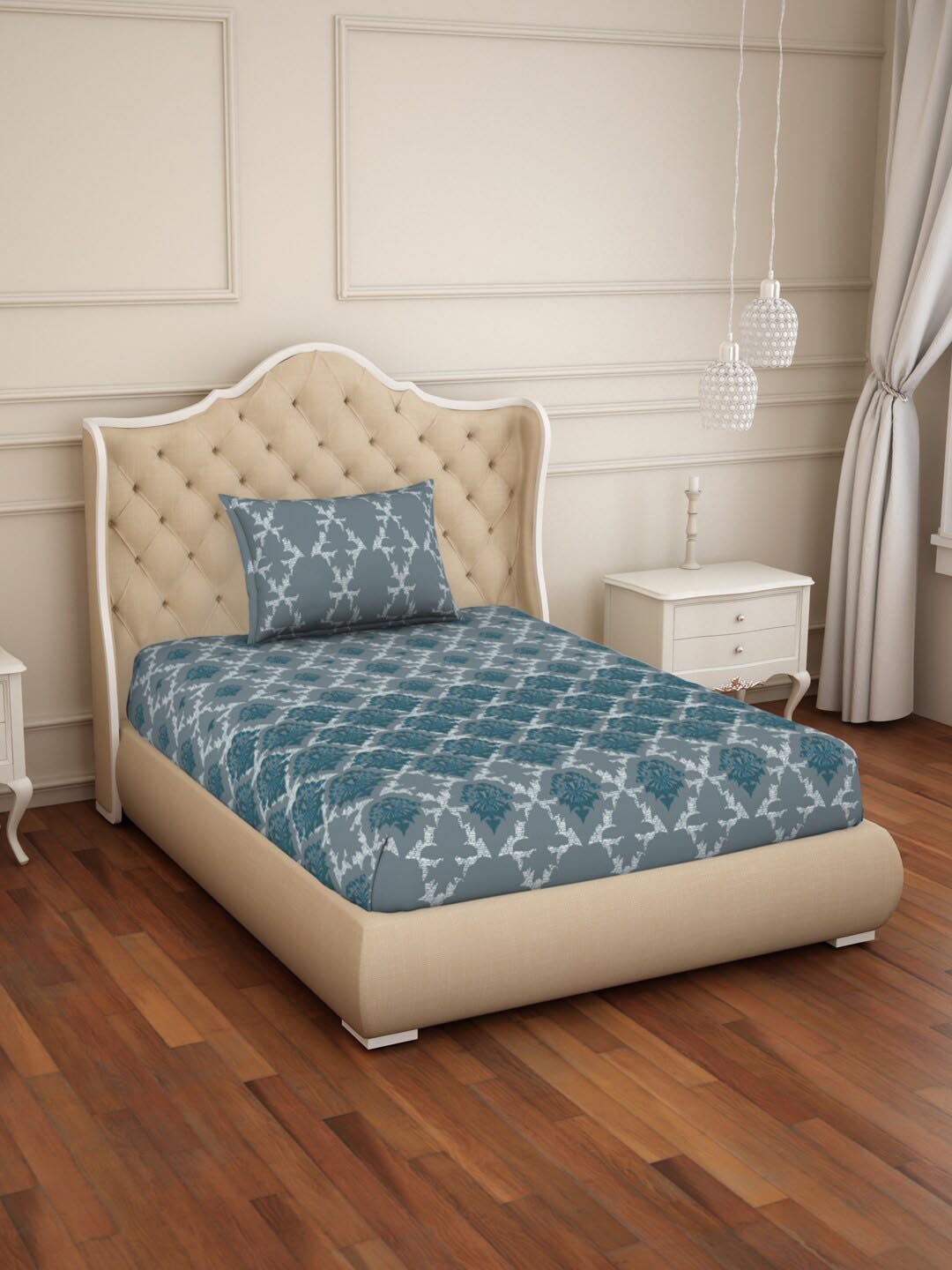 

SPACES Grey Floral 144 TC Single Bedsheet with 1 Pillow Covers