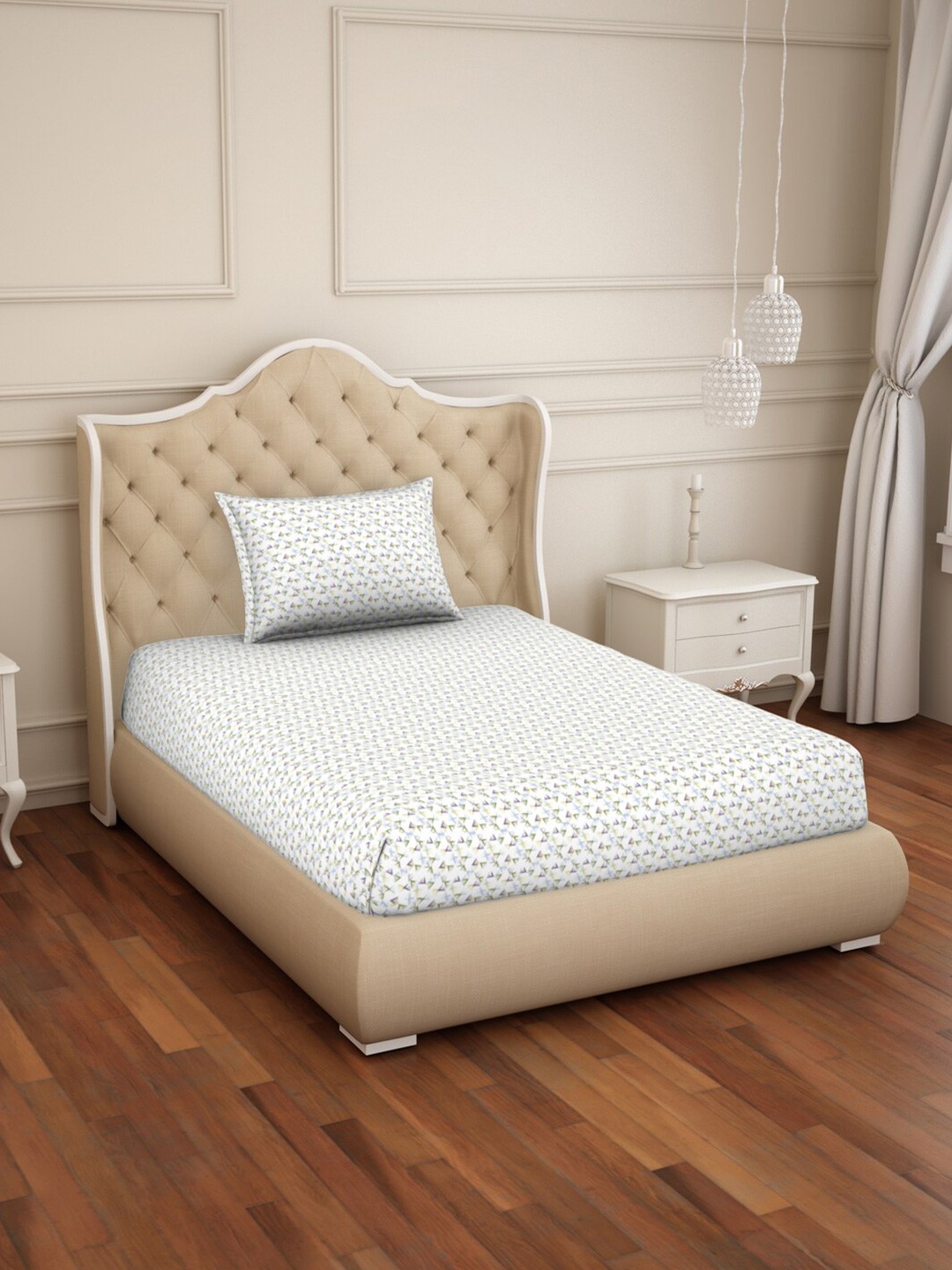 

SPACES Yellow Geometric 144 TC Single Bedsheet with 1 Pillow Covers, White