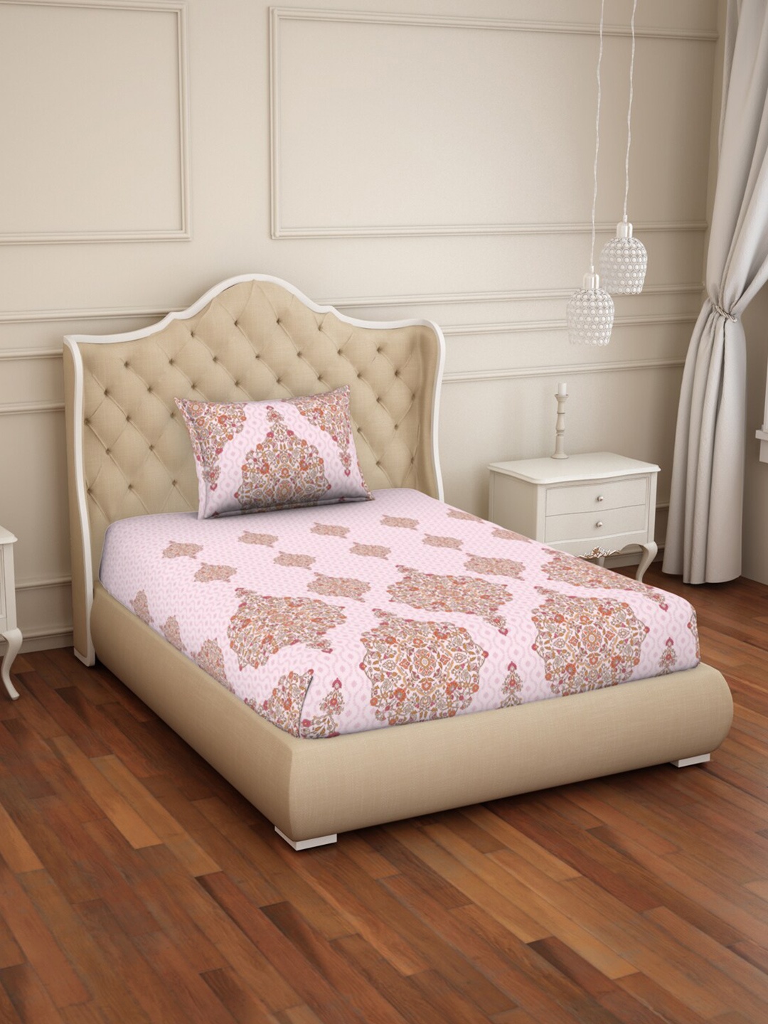 

SPACES Pink Floral 144 TC Single Bedsheet with 1 Pillow Covers