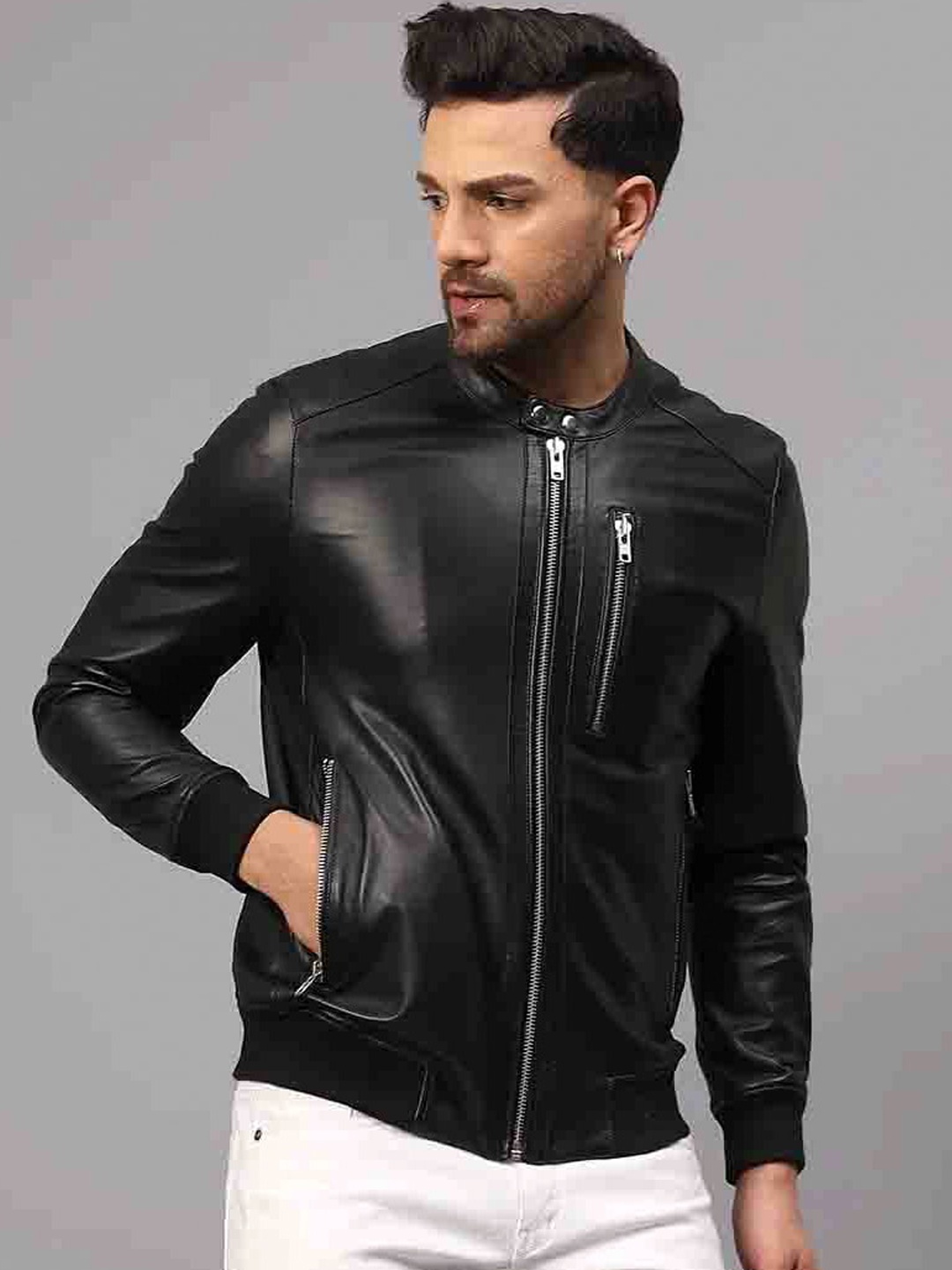 

Saint G Water Resistant Leather Biker Jacket, Black