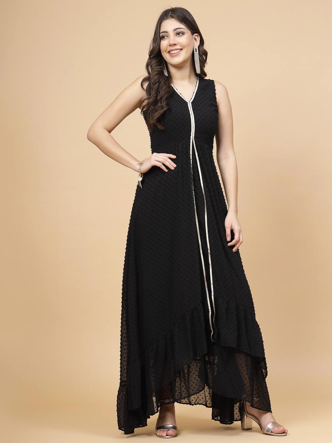 

RAASSIO Layered V-Neck Swiss Dot Fit & Flare Maxi Dress, Black