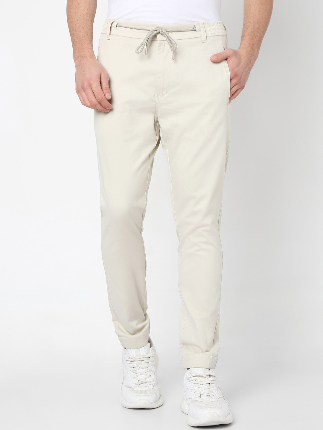 

R&B Men Mid-Rise Slim Fit Casual Cotton Joggers, White