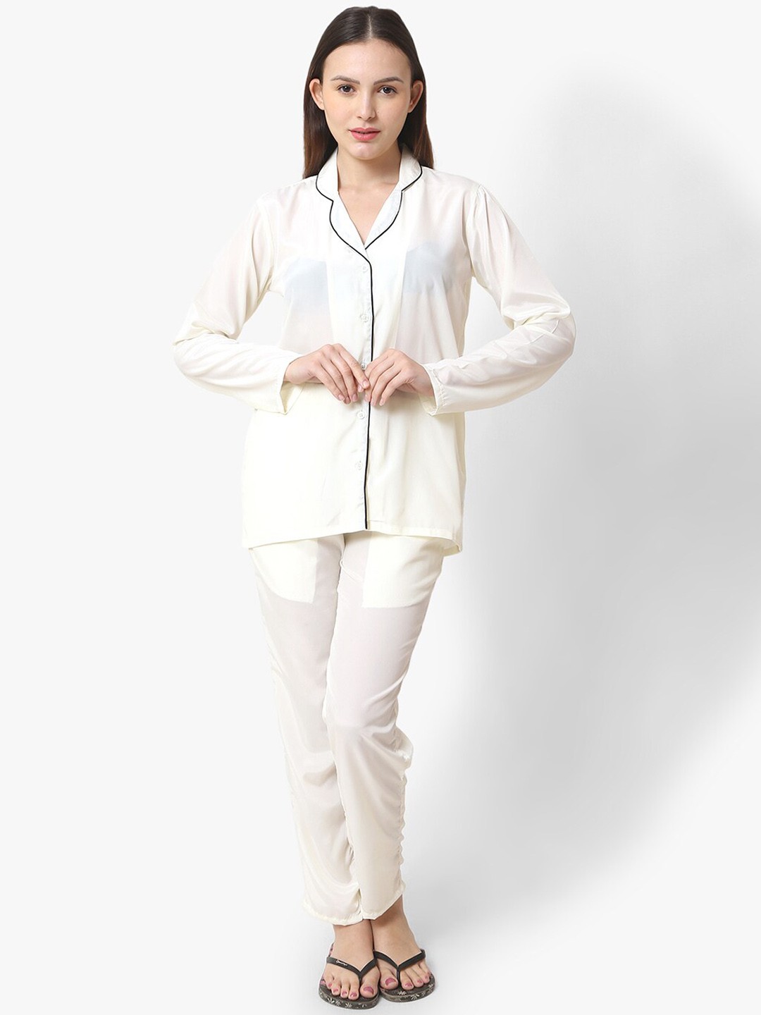 

Urban Komfort Lapel Collar Satin Shirt With Pyjamas, White