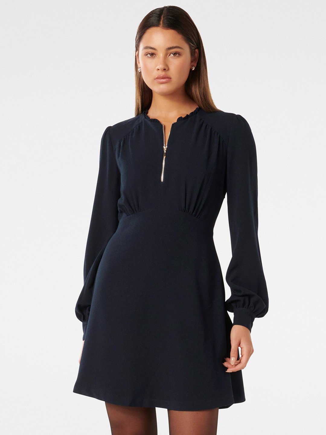 

Forever New Above Knee Mandarin Collar Fit & Flare Mini Dress, Navy blue