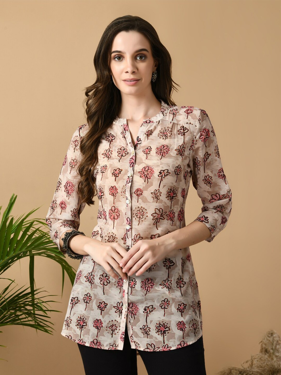 

MEESAN Floral Printed Mandarin Collar Ethnic Tunic, Beige