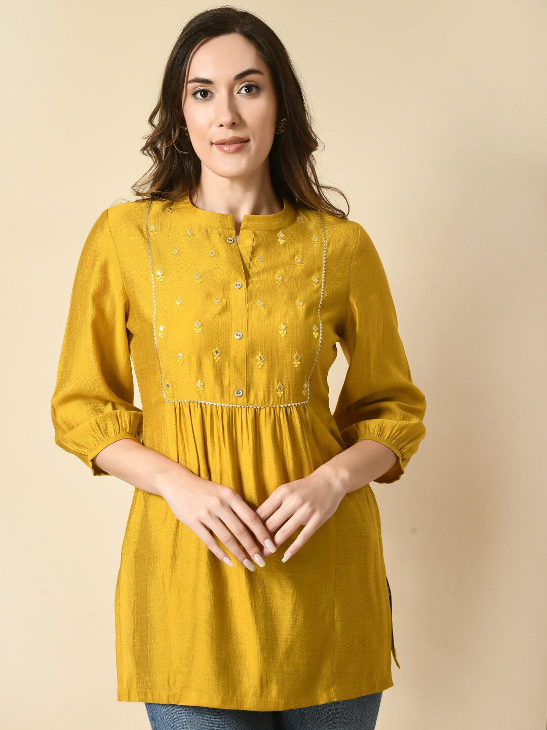 

MEESAN Ethnic Motifs Embroidered Mandarin Collar Mirror Work Straight Kurti, Mustard