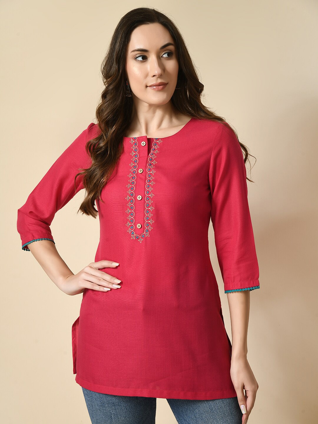 

MEESAN Floral Embroidered Cotton Tunic, Magenta