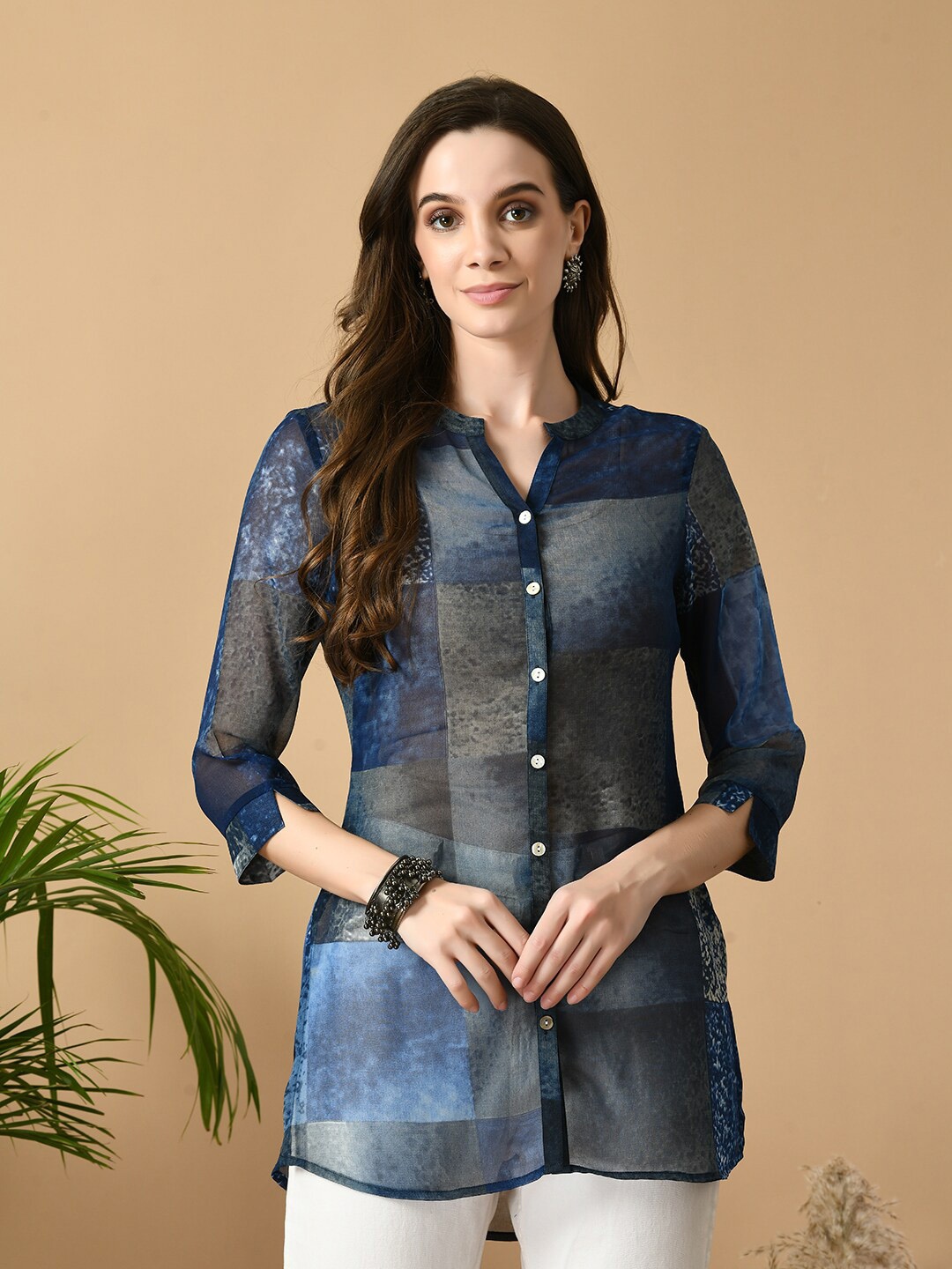 

MEESAN Geometric Printed Mandarin Collar Tunic, Blue