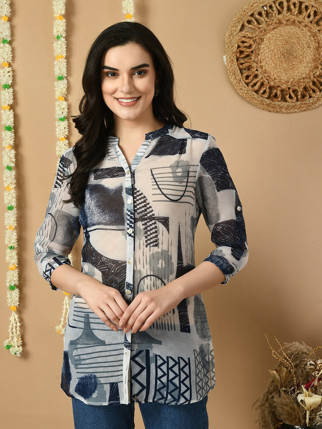 

MEESAN Abstract Printed Mandarin Collar Tunic, Blue