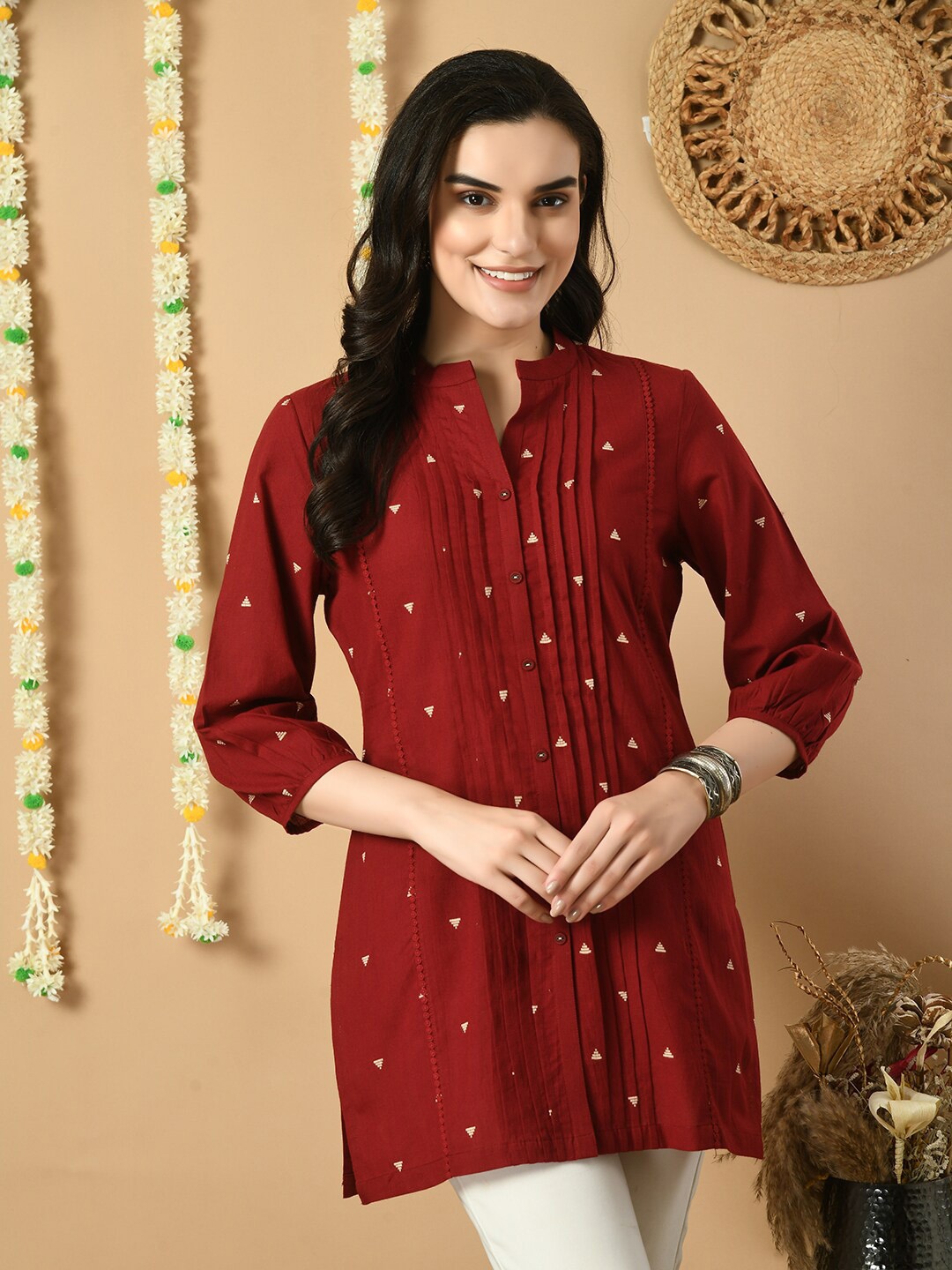 

MEESAN Geometric Printed Mandarin Collar Cotton Tunic, Maroon