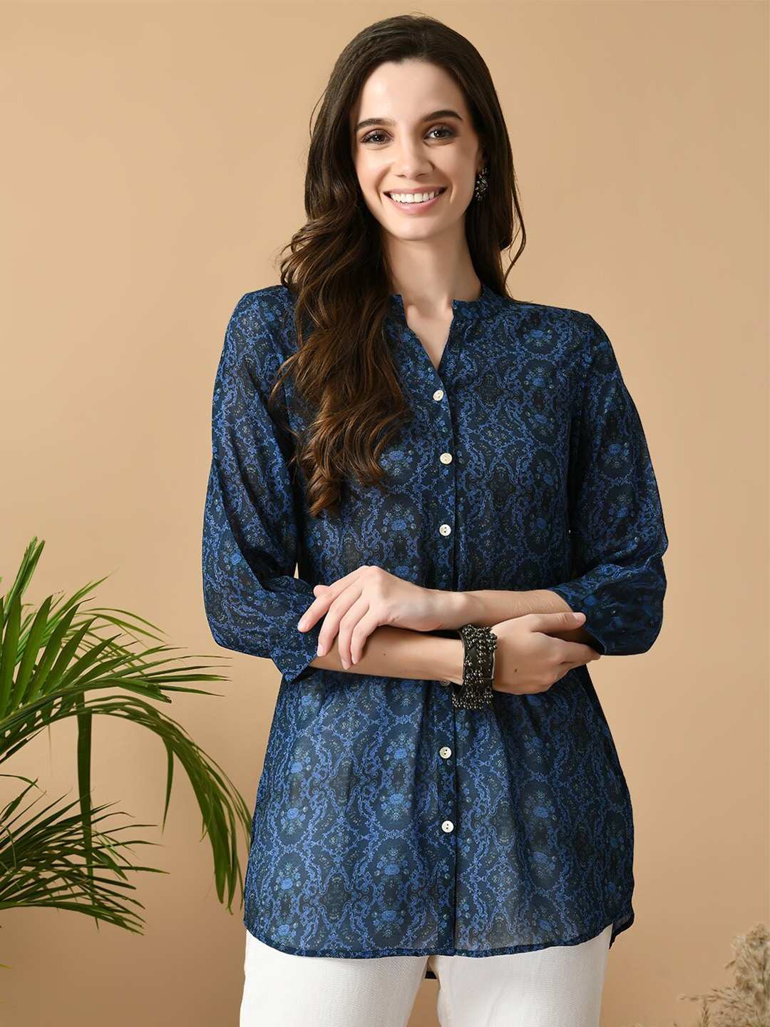 

MEESAN Mandarin Collar Ethnic Motifs Printed Ethnic Tunic, Blue