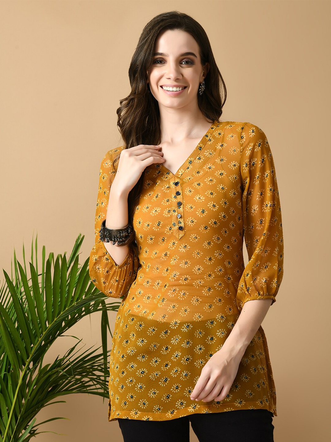 

MEESAN Ethnic Motifs Printed V-Neck Ethnic Tunic, Mustard
