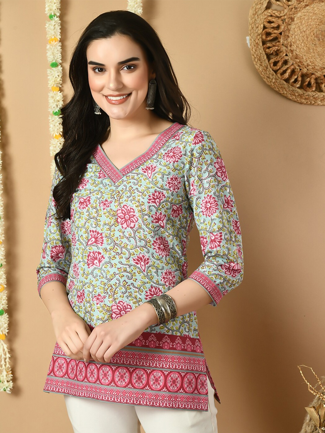 

MEESAN Floral Printed V-Neck Tunic, Pink