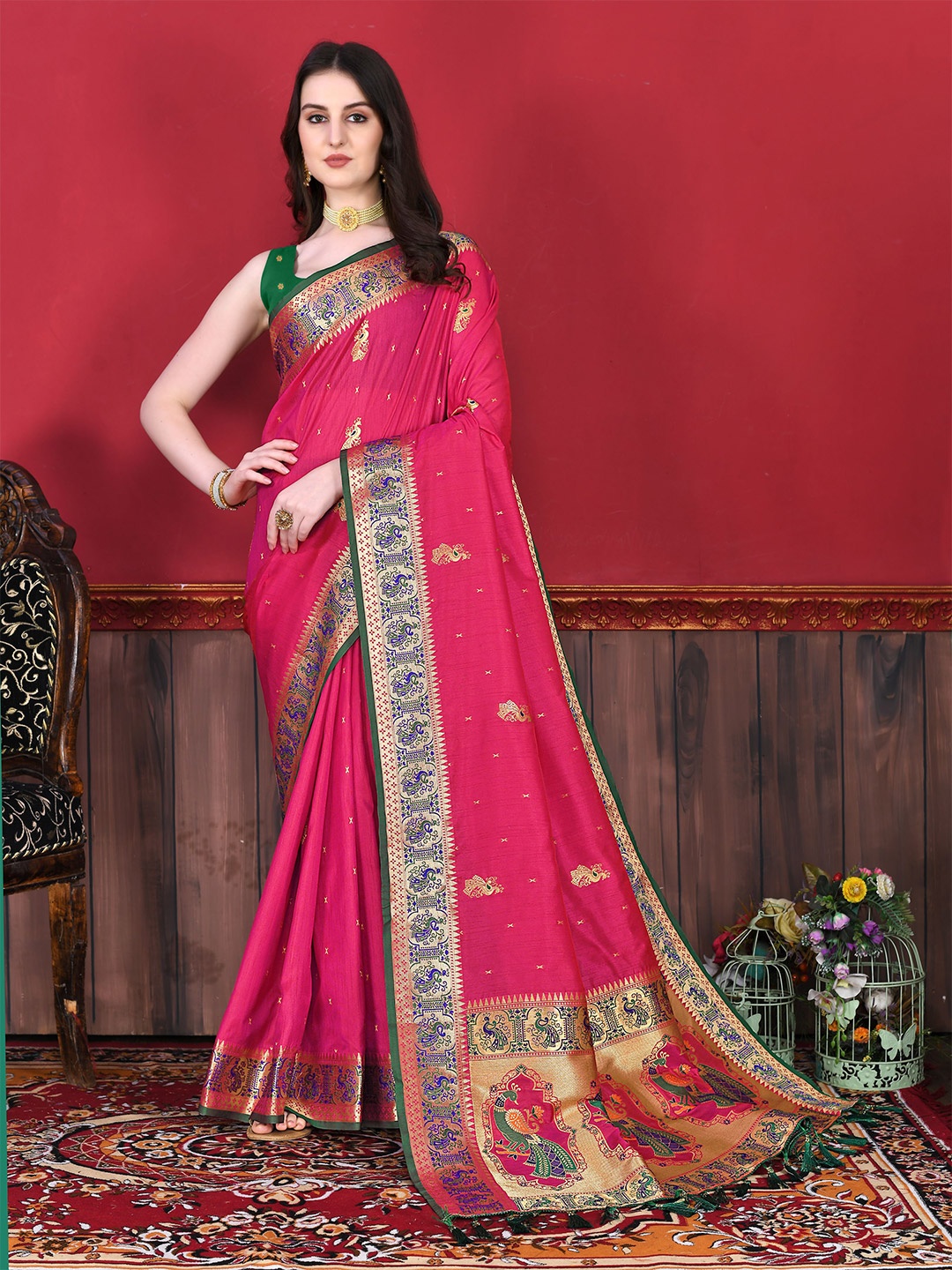 

NIWAA Ethnic Motifs Woven Design Zari Pure Silk Banarasi Paithani Saree, Pink