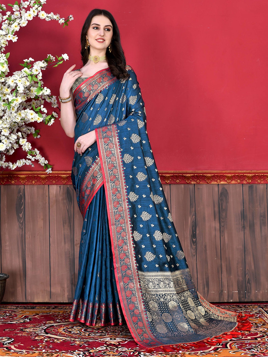 

NIWAA Woven Design Zari Silk Cotton Banarasi Saree with Tassel, Blue