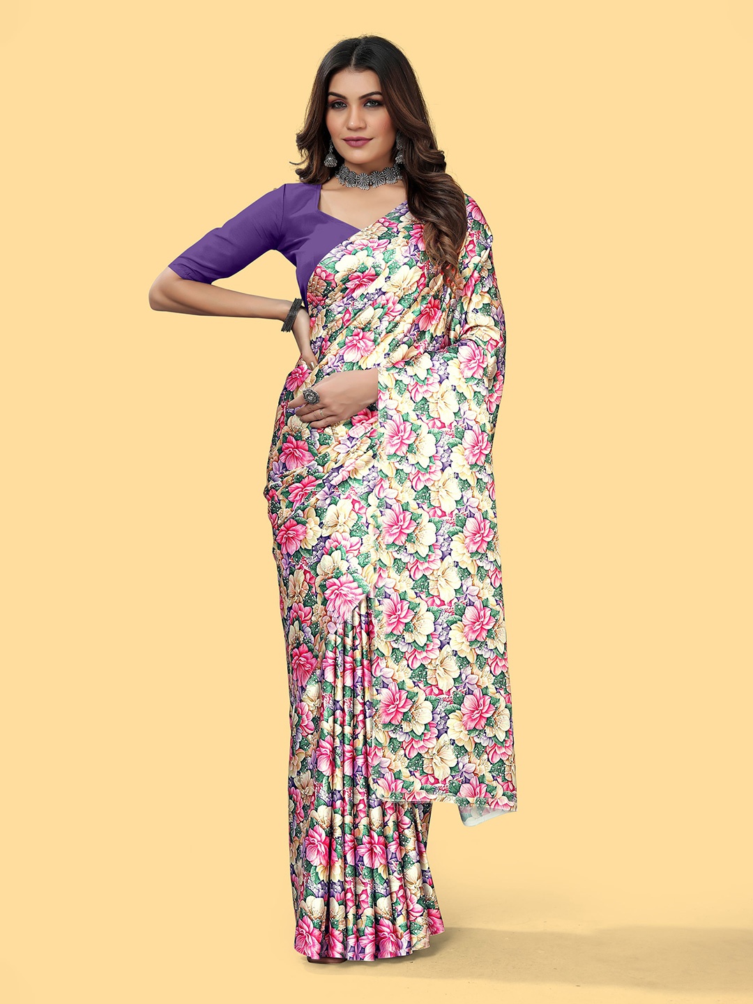 

V3 FASHION STUDIO Floral Satin Jamdani Saree, Yellow