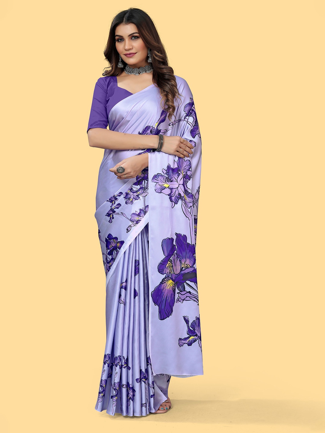 

V3 FASHION STUDIO Floral Satin Jamdani Saree, Purple