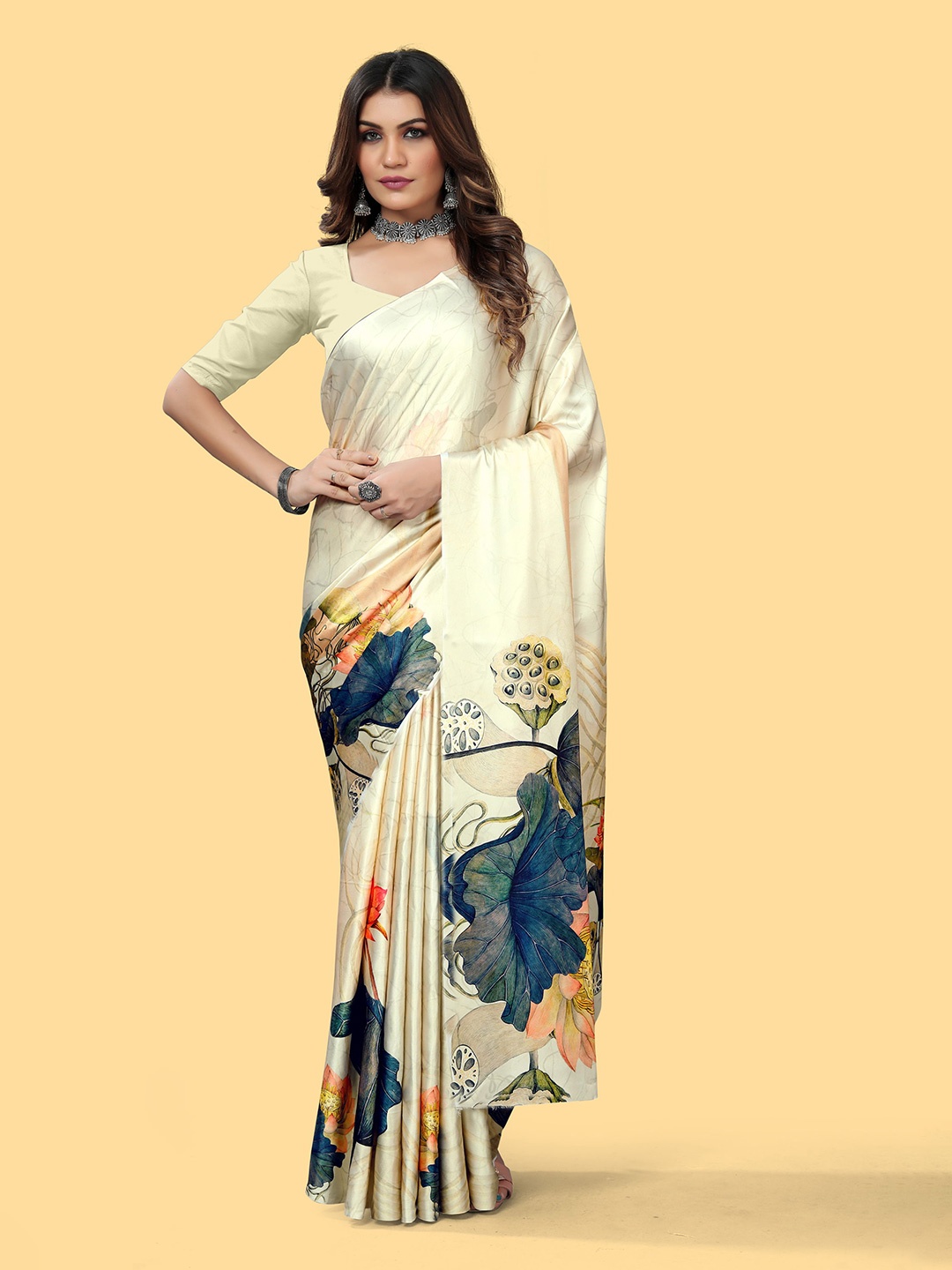 

V3 FASHION STUDIO Floral Satin Jamdani Saree, Beige