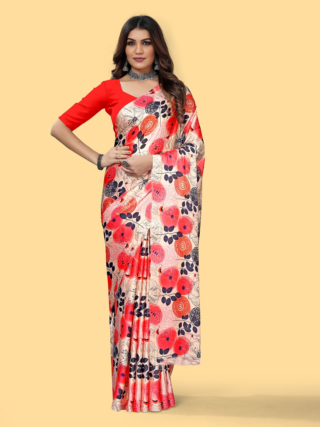 

V3 FASHION STUDIO Floral Satin Jamdani Saree, Pink