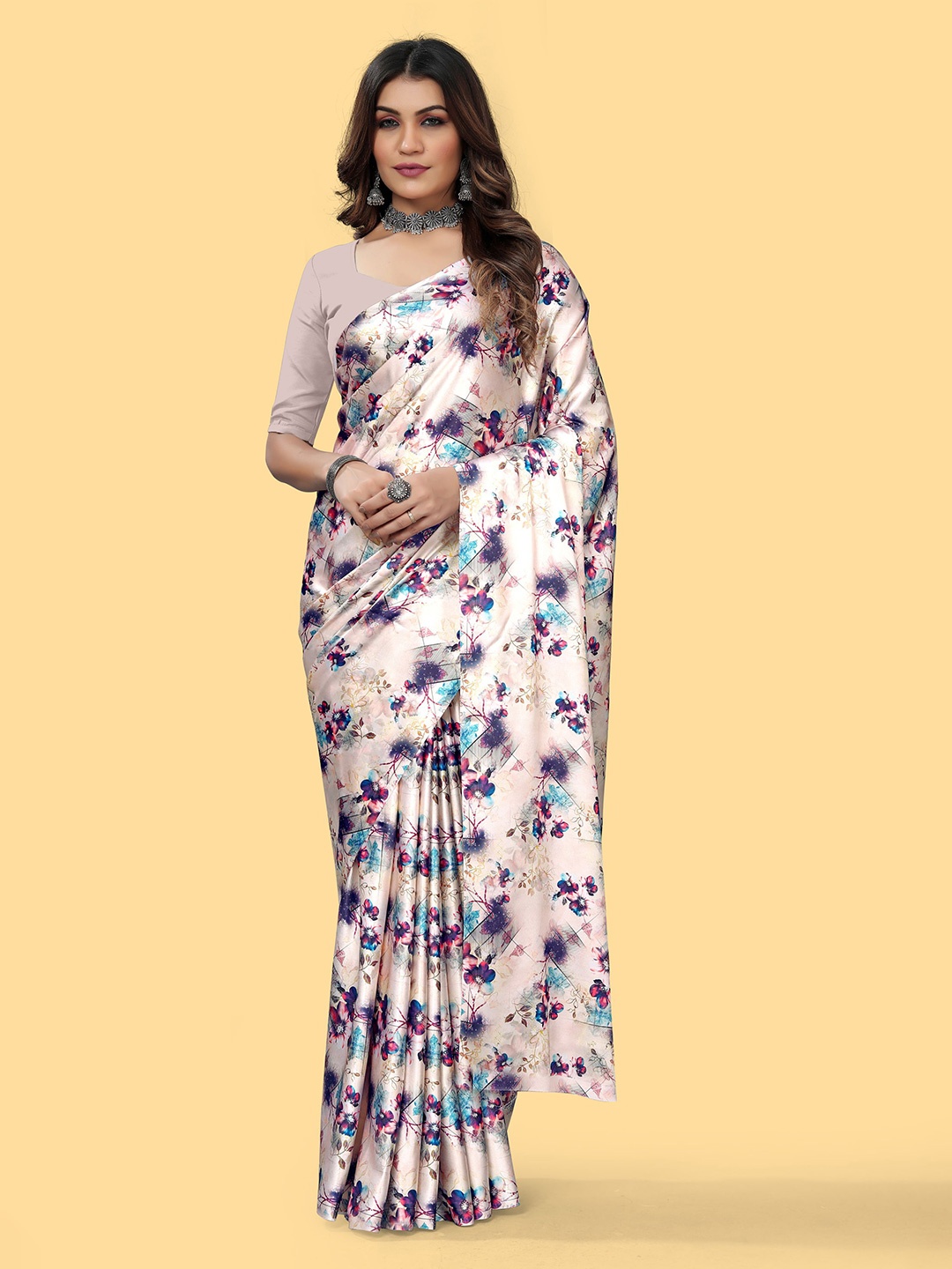

V3 FASHION STUDIO Floral Satin Jamdani Saree, Beige