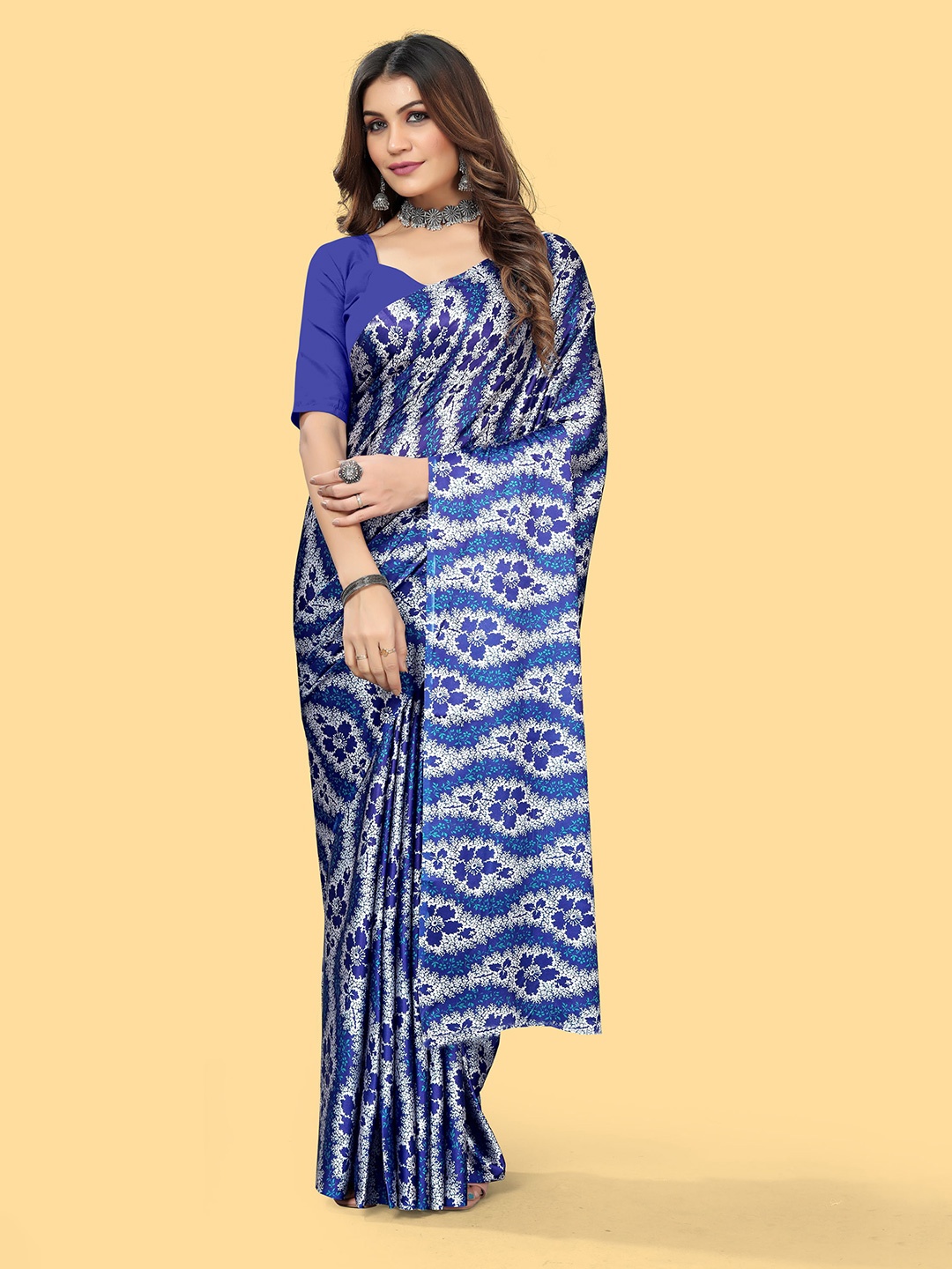 

V3 FASHION STUDIO Floral Satin Jamdani Saree, Blue