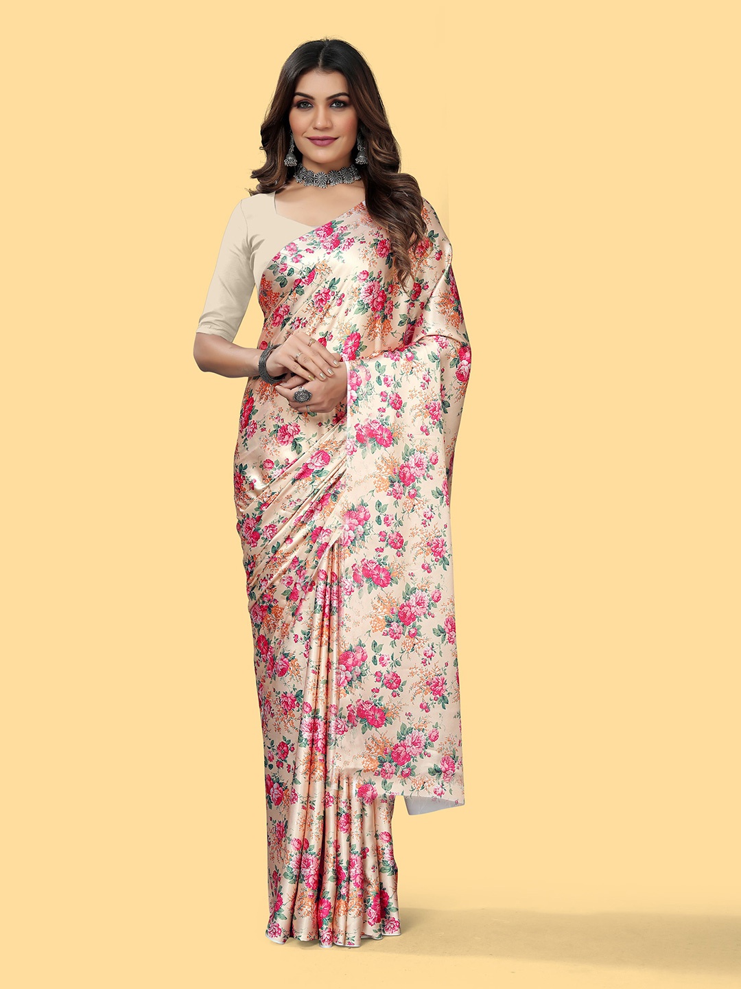 

V3 FASHION STUDIO Floral Satin Jamdani Saree, Cream