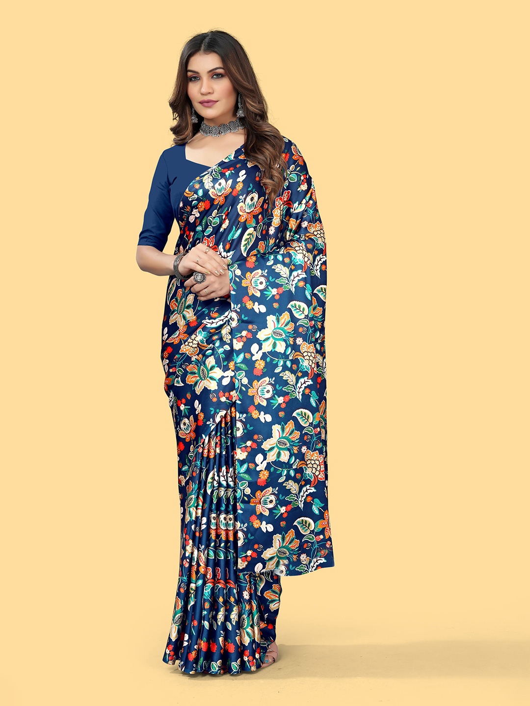 

V3 FASHION STUDIO Floral Satin Jamdani Saree, Blue