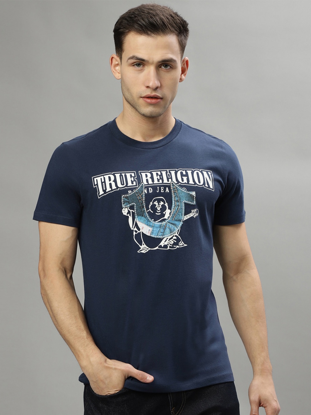 

True Religion Typography Printed Round Neck Pure Cotton T-shirt, Blue